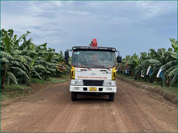Xe tải gắn cẩu chạy đường đất